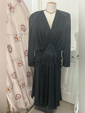 Vintage 80s Black Evening Beaded Silk Dress Womens L(14) Sequins Drop Waist Goth